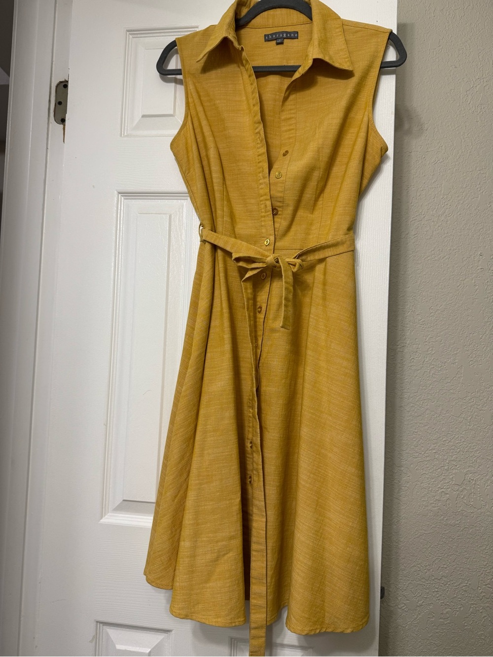 Sharagano Mustard Yellow Sleeveless Button-Front Tie-Waist Dress